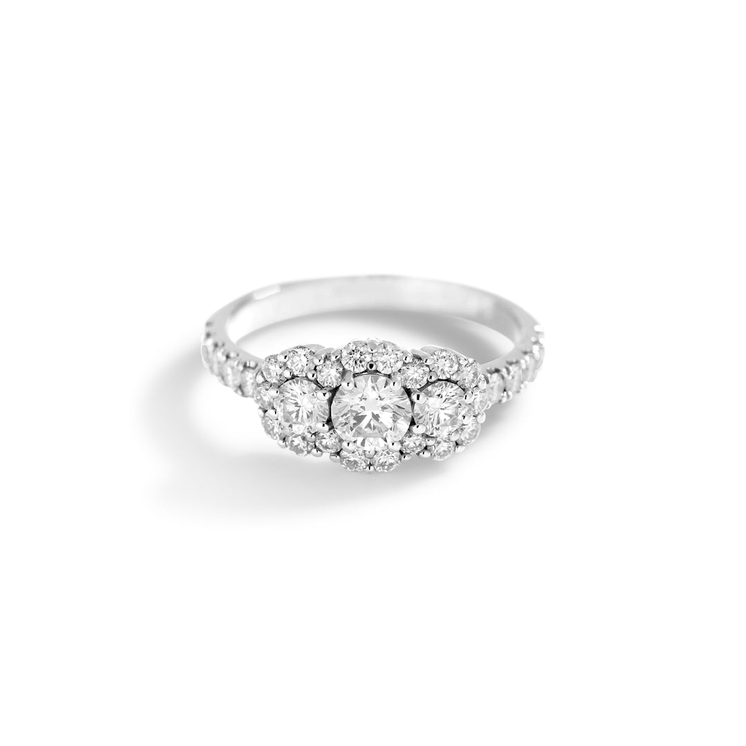 3-stens flower haloring i hvidguld med 0,12-0,35-0,12 ct.