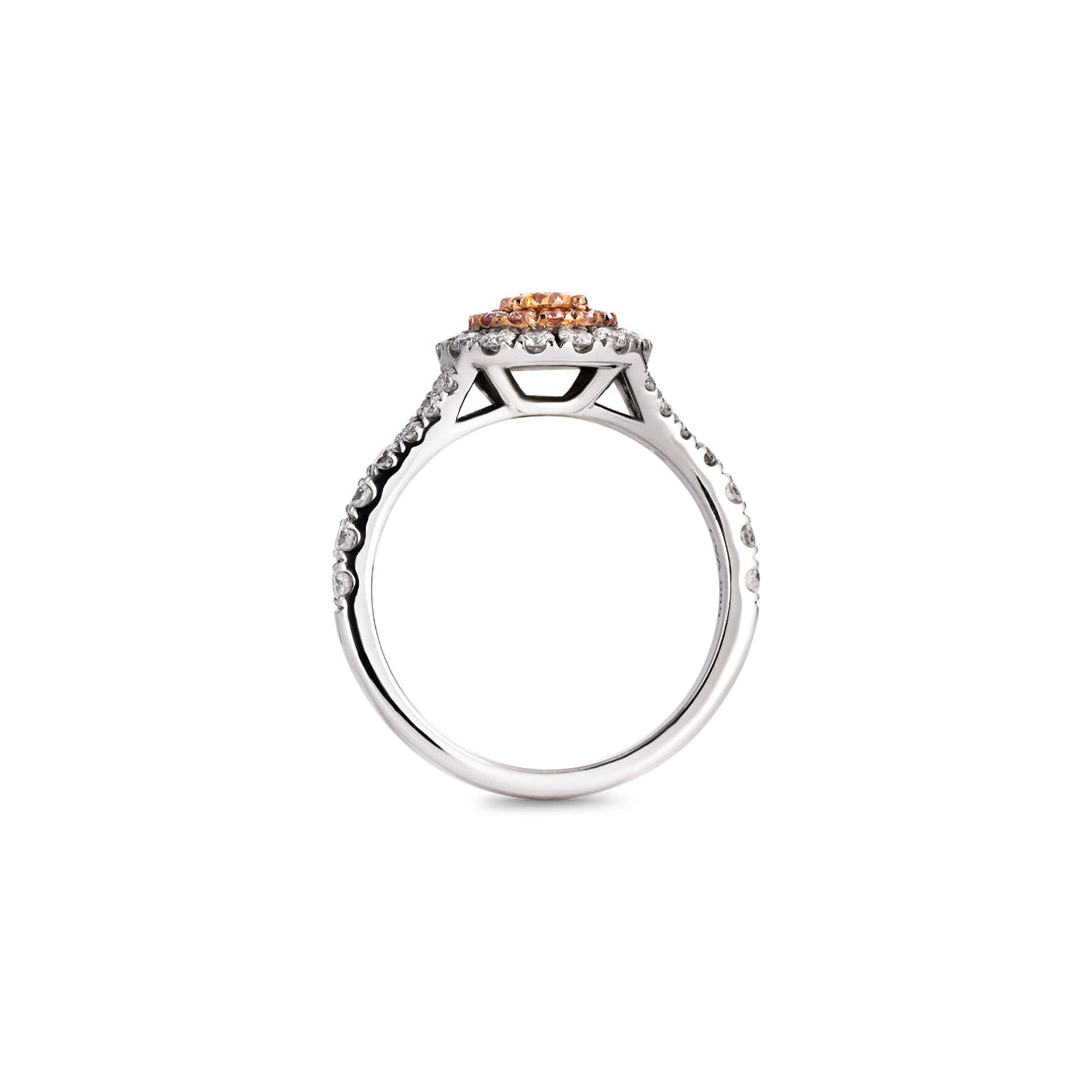 Double haloring i hvidguld med 0,25 ct. fancy yellow & light pink diamanter
