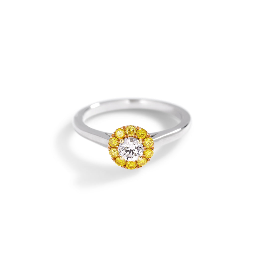 Haloring i hvidguld med 0,29 ct. light pink & gule diamanter