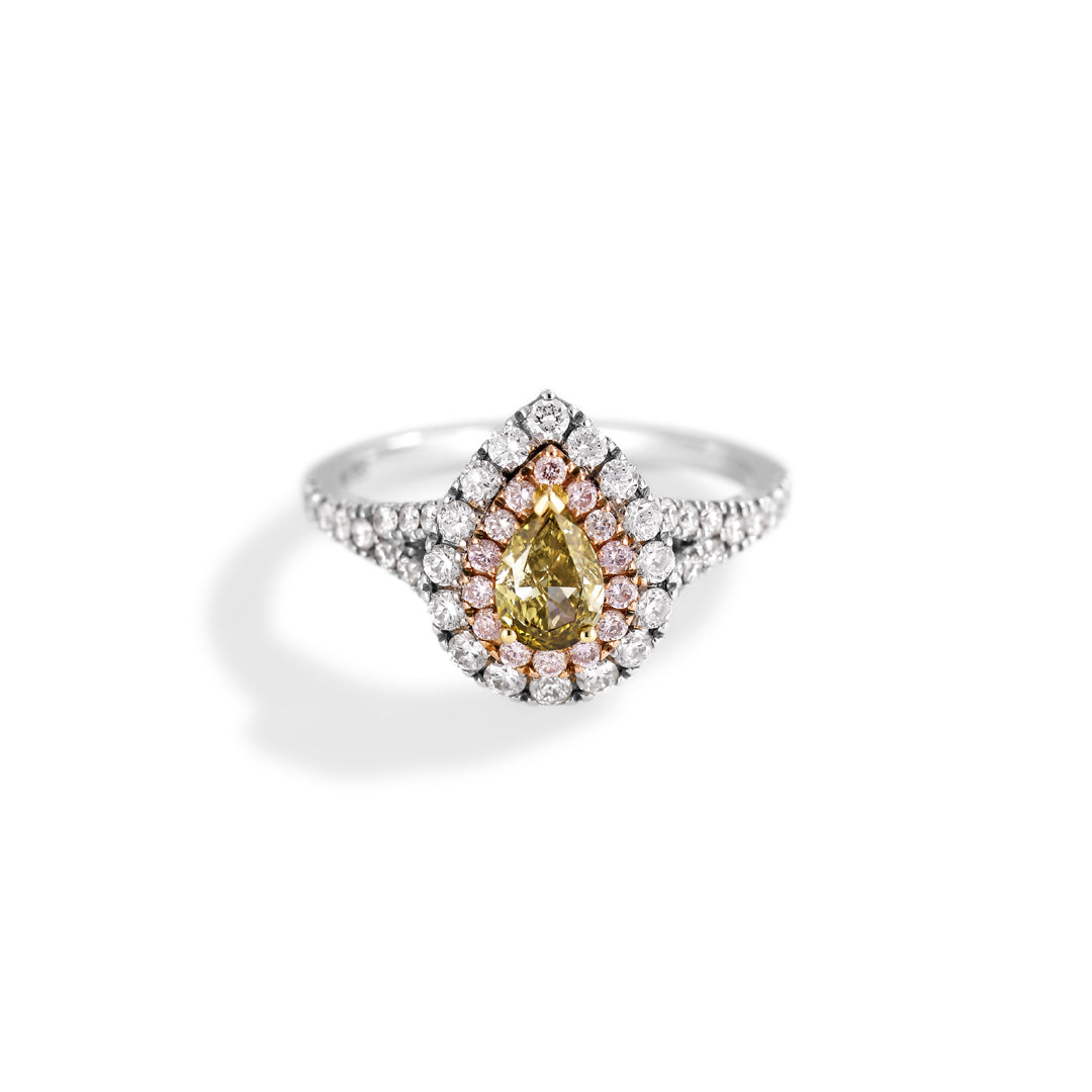 Double haloring i hvidguld med 0,51 ct. fancy green & light pink diamanter