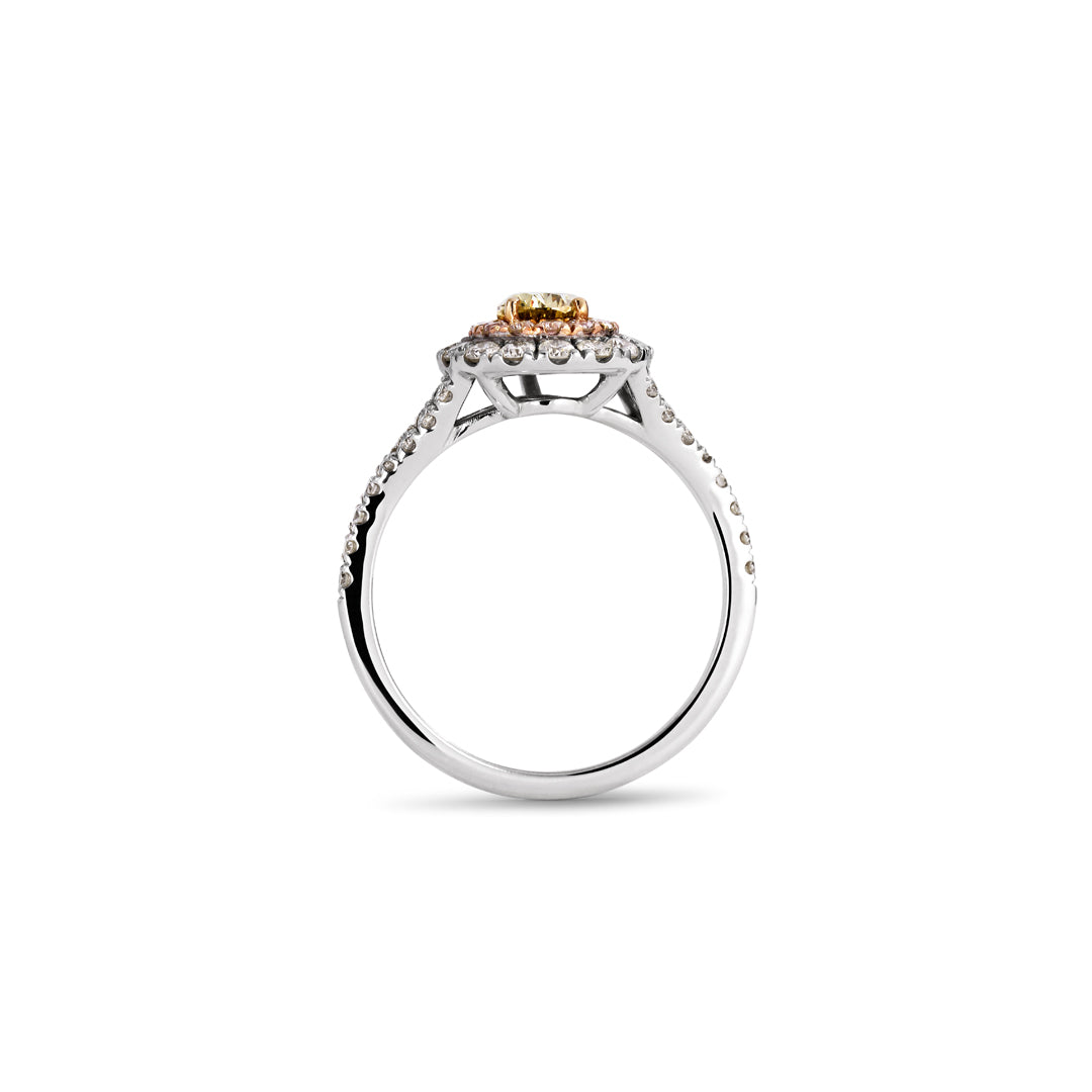 Double haloring i hvidguld med 0,51 ct. fancy green & light pink diamanter