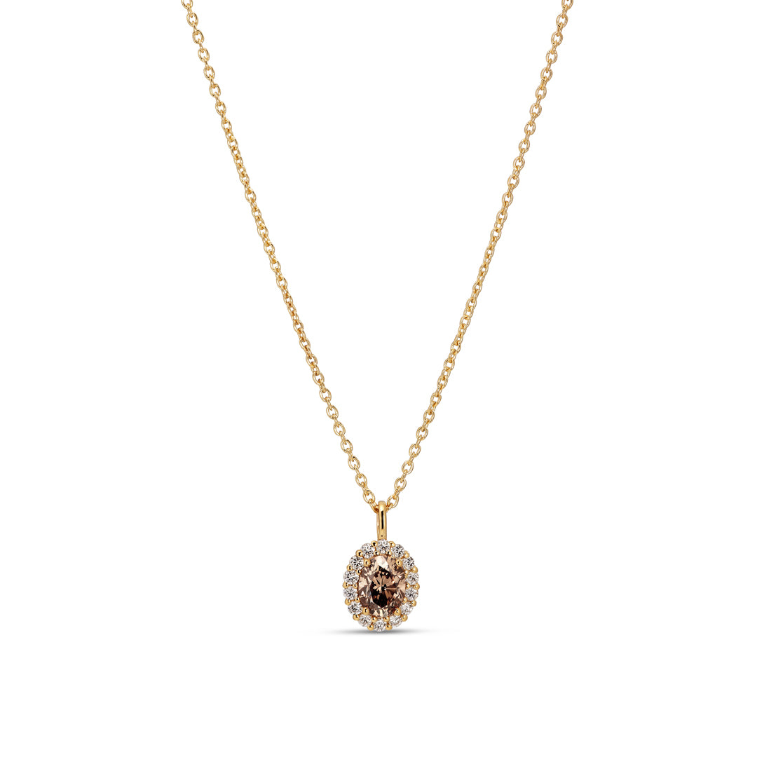Flower halo solitaire halskæde med 0,70 ct. oval champagne