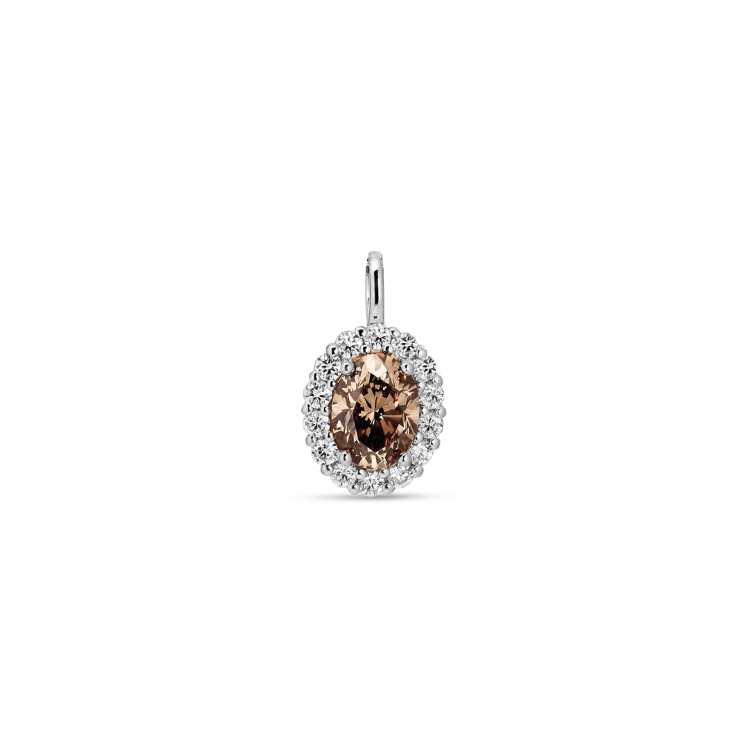 Flower halo solitaire halskæde i hvidguld med 0,70 ct. oval champagne