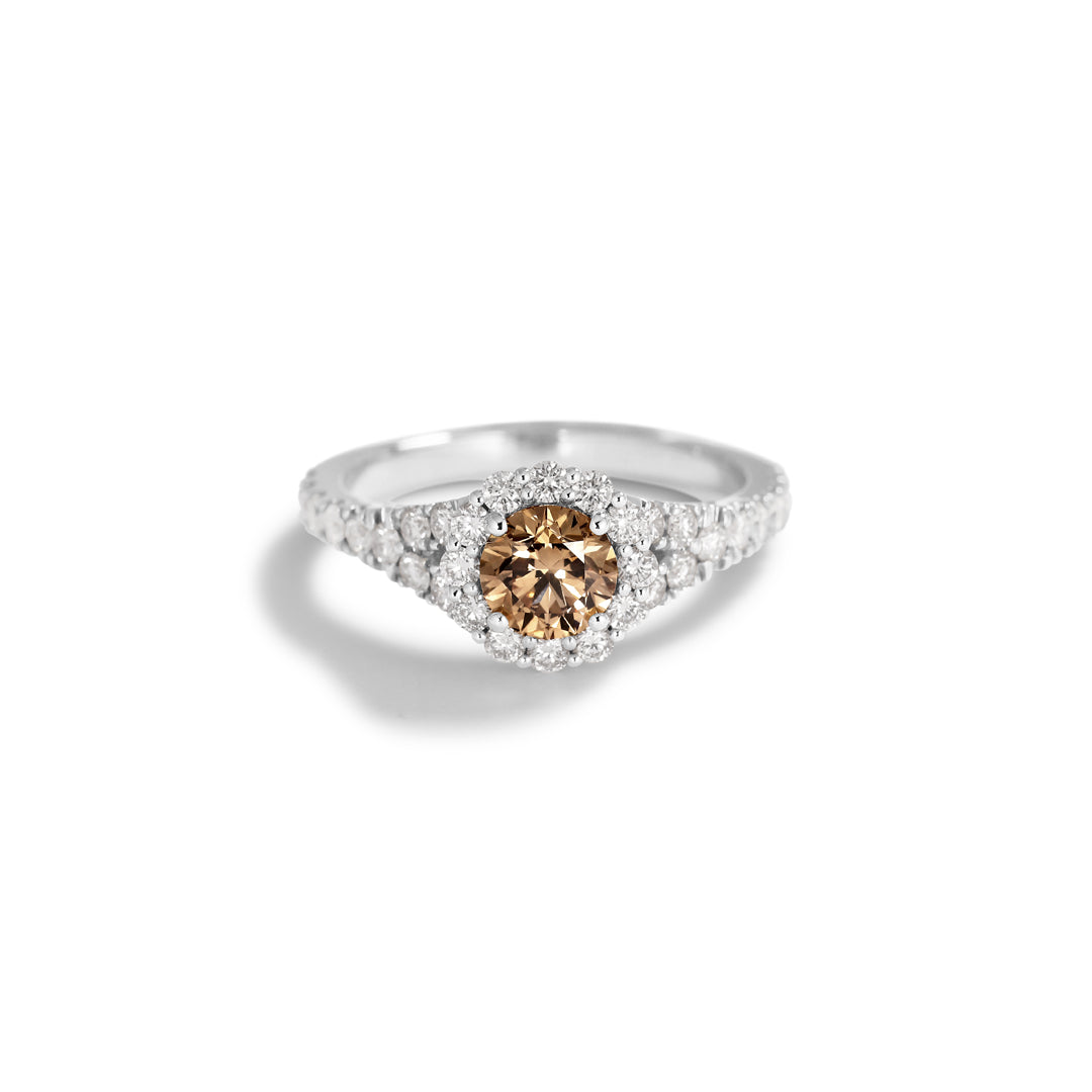 Flower haloring i hvidguld med 0,75 ct. champagne - splittet ringskinne
