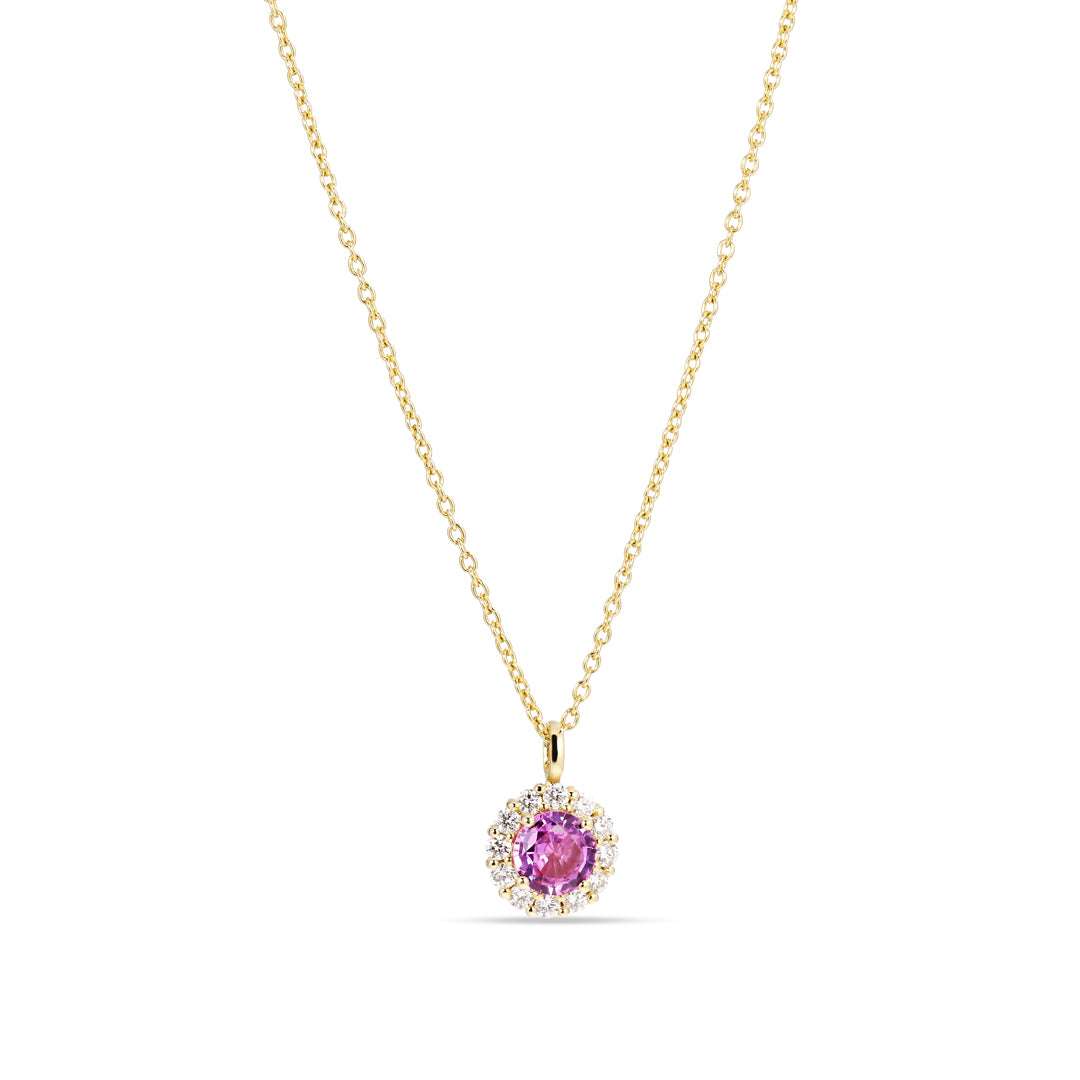 Flower halo solitaire halskæde med 0,79 ct. safir