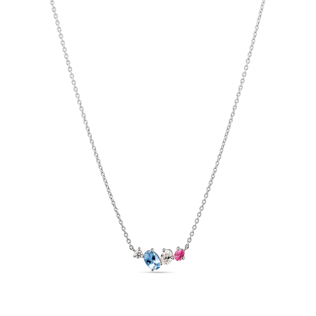 Safir, Aquamarin & Diamant halskæde i hvidguld med i alt 0,85 ct.